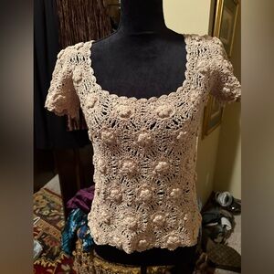 Crochet Floral Short-Sleeve Scoop Neck Sweater - Blush